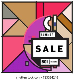 Summer sale memphis style web banner. Fashion and travel discount poster. Vector holiday Abstract colorful retro illustration with special offer and promotion.