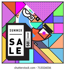 Summer sale memphis style web banner. Fashion and travel discount poster. Vector holiday Abstract colorful retro illustration with special offer and promotion.