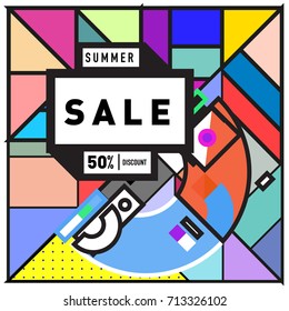 Summer sale memphis style web banner. Fashion and travel discount poster. Vector holiday Abstract colorful retro illustration with special offer and promotion.