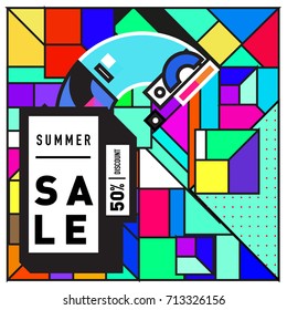 Summer sale memphis style web banner. Fashion and travel discount poster. Vector holiday Abstract colorful retro illustration with special offer and promotion.