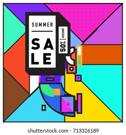 Summer sale memphis style web banner. Fashion and travel discount poster. Vector holiday Abstract colorful retro illustration with special offer and promotion.