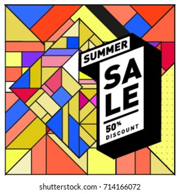 Summer sale memphis style web banner. Fashion and travel discount poster. Vector holiday Abstract colorful retro illustration with special offer and promotion.