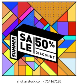 Summer sale memphis style web banner. Fashion and travel discount poster. Vector holiday Abstract colorful retro illustration with special offer and promotion.