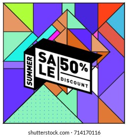 Summer sale memphis style web banner. Fashion and travel discount poster. Vector holiday Abstract colorful retro illustration with special offer and promotion.