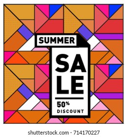 Summer sale memphis style web banner. Fashion and travel discount poster. Vector holiday Abstract colorful retro illustration with special offer and promotion.