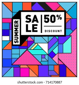Summer sale memphis style web banner. Fashion and travel discount poster. Vector holiday Abstract colorful retro illustration with special offer and promotion.