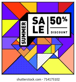 Summer sale memphis style web banner. Fashion and travel discount poster. Vector holiday Abstract colorful retro illustration with special offer and promotion.