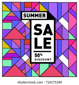 Summer sale memphis style web banner. Fashion and travel discount poster. Vector holiday Abstract colorful retro illustration with special offer and promotion.