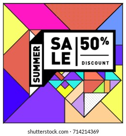 Summer sale memphis style web banner. Fashion and travel discount poster. Vector holiday Abstract colorful retro illustration with special offer and promotion.