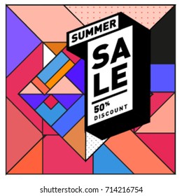 Summer sale memphis style web banner. Fashion and travel discount poster. Vector holiday Abstract colorful retro illustration with special offer and promotion.