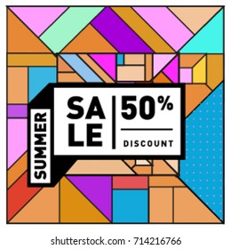 Summer sale memphis style web banner. Fashion and travel discount poster. Vector holiday Abstract colorful retro illustration with special offer and promotion.