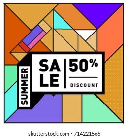 Summer sale memphis style web banner. Fashion and travel discount poster. Vector holiday Abstract colorful retro illustration with special offer and promotion.