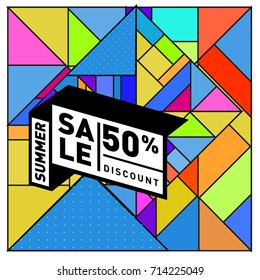 Summer sale memphis style web banner. Fashion and travel discount poster. Vector holiday Abstract colorful retro illustration with special offer and promotion.