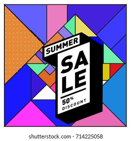 Summer sale memphis style web banner. Fashion and travel discount poster. Vector holiday Abstract colorful retro illustration with special offer and promotion.