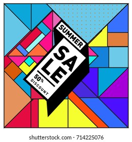 Summer sale memphis style web banner. Fashion and travel discount poster. Vector holiday Abstract colorful retro illustration with special offer and promotion.