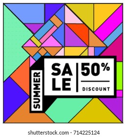 Summer sale memphis style web banner. Fashion and travel discount poster. Vector holiday Abstract colorful retro illustration with special offer and promotion.