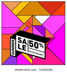Summer sale memphis style web banner. Fashion and travel discount poster. Vector holiday Abstract colorful retro illustration with special offer and promotion.