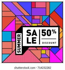 Summer sale memphis style web banner. Fashion and travel discount poster. Vector holiday Abstract colorful retro illustration with special offer and promotion.