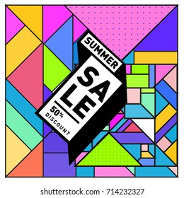 Summer sale memphis style web banner. Fashion and travel discount poster. Vector holiday Abstract colorful retro illustration with special offer and promotion.