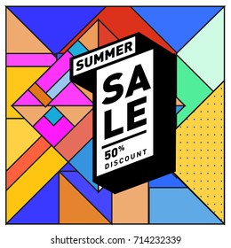 Summer sale memphis style web banner. Fashion and travel discount poster. Vector holiday Abstract colorful retro illustration with special offer and promotion.