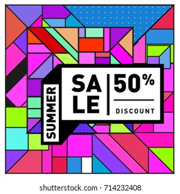 Summer sale memphis style web banner. Fashion and travel discount poster. Vector holiday Abstract colorful retro illustration with special offer and promotion.