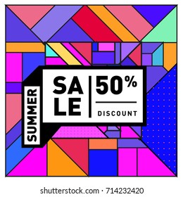 Summer sale memphis style web banner. Fashion and travel discount poster. Vector holiday Abstract colorful retro illustration with special offer and promotion.