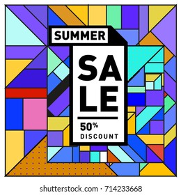 Summer sale memphis style web banner. Fashion and travel discount poster. Vector holiday Abstract colorful retro illustration with special offer and promotion.
