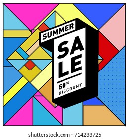 Summer sale memphis style web banner. Fashion and travel discount poster. Vector holiday Abstract colorful retro illustration with special offer and promotion.
