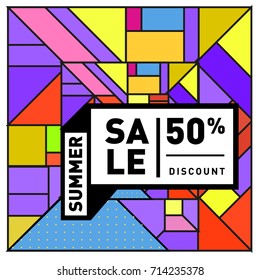 Summer sale memphis style web banner. Fashion and travel discount poster. Vector holiday Abstract colorful retro illustration with special offer and promotion.