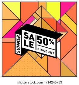 Summer sale memphis style web banner. Fashion and travel discount poster. Vector holiday Abstract colorful retro illustration with special offer and promotion.