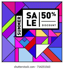 Summer sale memphis style web banner. Fashion and travel discount poster. Vector holiday Abstract colorful retro illustration with special offer and promotion.