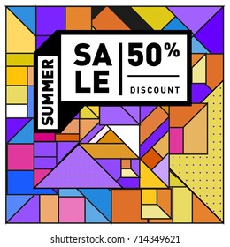 Summer sale memphis style web banner. Fashion and travel discount poster. Vector holiday Abstract colorful retro illustration with special offer and promotion.