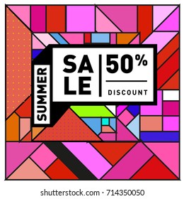 Summer sale memphis style web banner. Fashion and travel discount poster. Vector holiday Abstract colorful retro illustration with special offer and promotion.