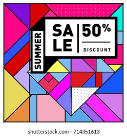 Summer sale memphis style web banner. Fashion and travel discount poster. Vector holiday Abstract colorful retro illustration with special offer and promotion.
