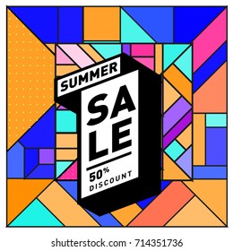 Summer sale memphis style web banner. Fashion and travel discount poster. Vector holiday Abstract colorful retro illustration with special offer and promotion.