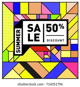 Summer sale memphis style web banner. Fashion and travel discount poster. Vector holiday Abstract colorful retro illustration with special offer and promotion.