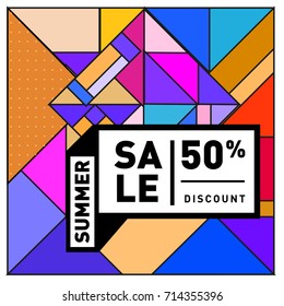 Summer sale memphis style web banner. Fashion and travel discount poster. Vector holiday Abstract colorful retro illustration with special offer and promotion.