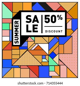Summer sale memphis style web banner. Fashion and travel discount poster. Vector holiday Abstract colorful retro illustration with special offer and promotion.