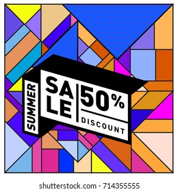 Summer sale memphis style web banner. Fashion and travel discount poster. Vector holiday Abstract colorful retro illustration with special offer and promotion.