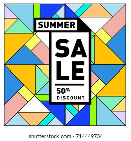 Summer sale memphis style web banner. Fashion and travel discount poster. Vector holiday Abstract colorful retro illustration with special offer and promotion.
