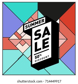 Summer sale memphis style web banner. Fashion and travel discount poster. Vector holiday Abstract colorful retro illustration with special offer and promotion.