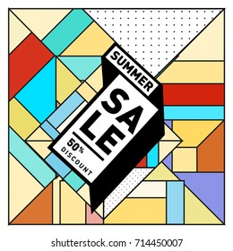 Summer sale memphis style web banner. Fashion and travel discount poster. Vector holiday Abstract colorful retro illustration with special offer and promotion.