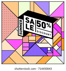 Summer sale memphis style web banner. Fashion and travel discount poster. Vector holiday Abstract colorful retro illustration with special offer and promotion.