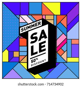 Summer sale memphis style web banner. Fashion and travel discount poster. Vector holiday Abstract colorful retro illustration with special offer and promotion.