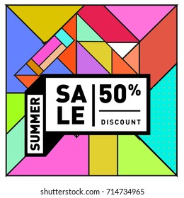 Summer sale memphis style web banner. Fashion and travel discount poster. Vector holiday Abstract colorful retro illustration with special offer and promotion.