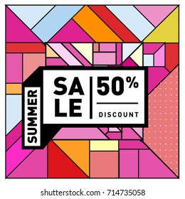 Summer sale memphis style web banner. Fashion and travel discount poster. Vector holiday Abstract colorful retro illustration with special offer and promotion.