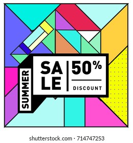 Summer sale memphis style web banner. Fashion and travel discount poster. Vector holiday Abstract colorful retro illustration with special offer and promotion.