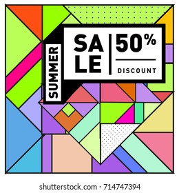 Summer sale memphis style web banner. Fashion and travel discount poster. Vector holiday Abstract colorful retro illustration with special offer and promotion.