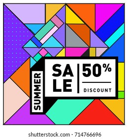 Summer sale memphis style web banner. Fashion and travel discount poster. Vector holiday Abstract colorful retro illustration with special offer and promotion.