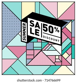 Summer sale memphis style web banner. Fashion and travel discount poster. Vector holiday Abstract colorful retro illustration with special offer and promotion.